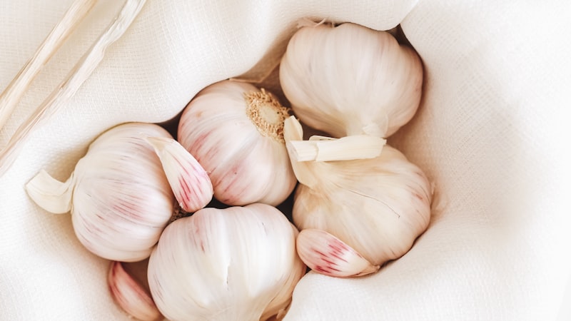 白い布地に5つのニンニク